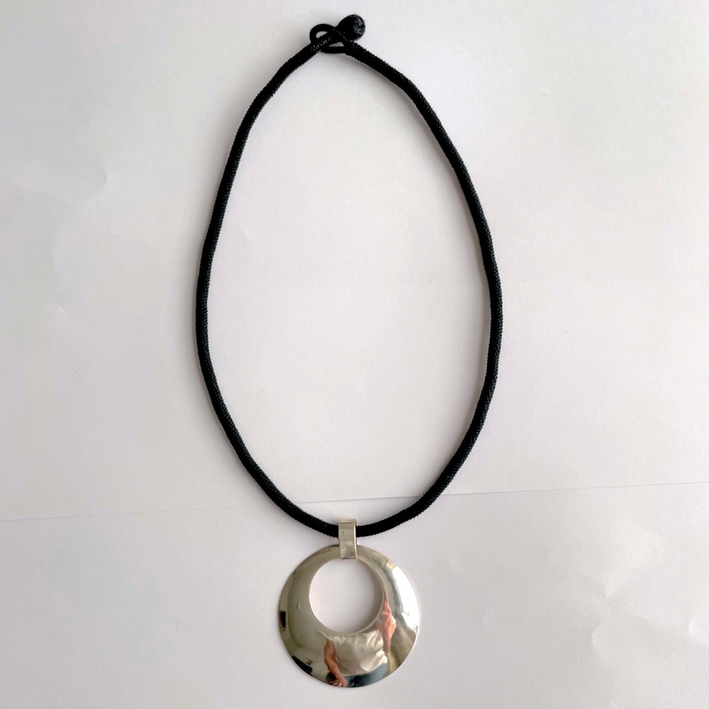 Silver Sculptural Pendant Cord Necklace black cotton cord